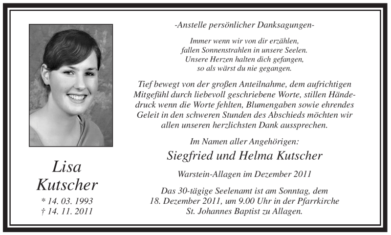  Traueranzeige für Lisa Kutscher vom 10.12.2011 aus WESTDEUTSCHE ALLGEMEINE ZEITUNG