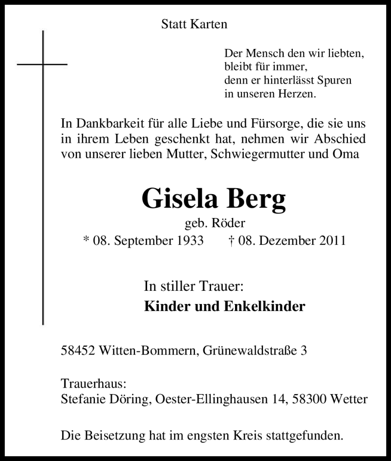  Traueranzeige für Gisela Berg vom 15.12.2011 aus Tageszeitung