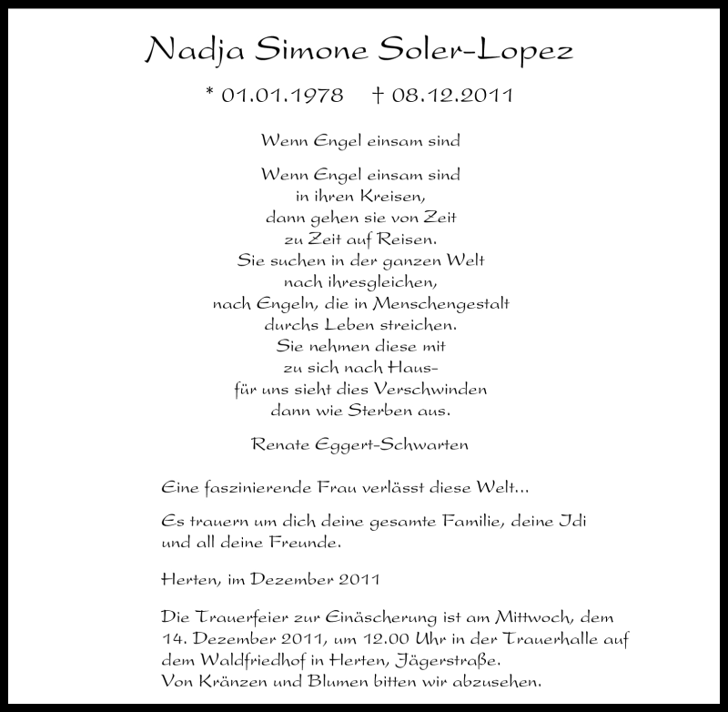  Traueranzeige für Nadja Simone Soler-Lopez vom 12.12.2011 aus Tageszeitung