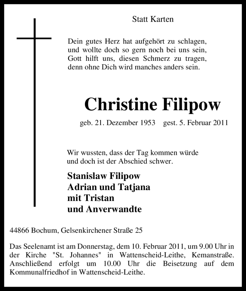  Traueranzeige für Christine Filipow vom 07.02.2011 aus Tageszeitung