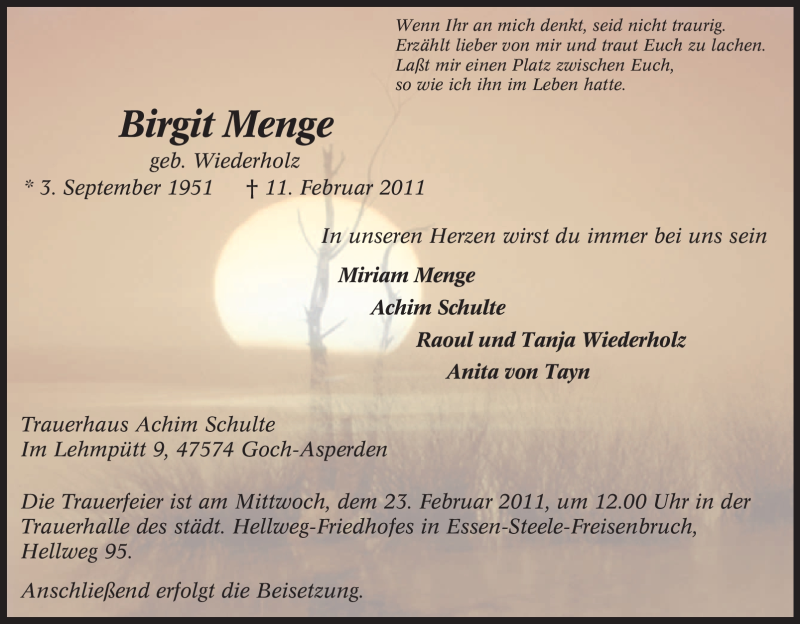  Traueranzeige für Birgit Menge vom 19.02.2011 aus Tageszeitung