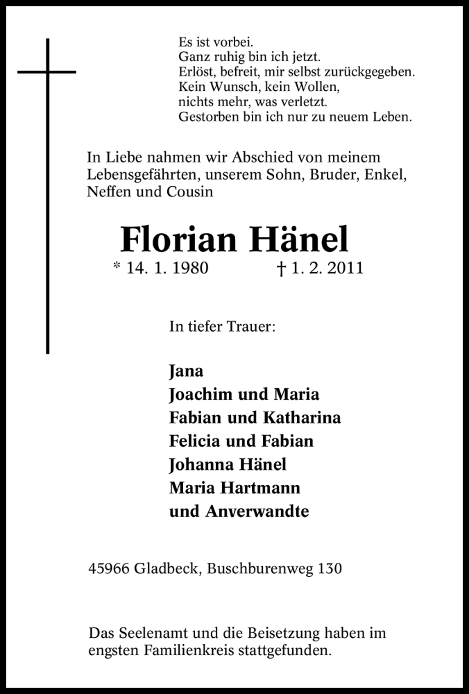  Traueranzeige für Florian Hänel vom 09.02.2011 aus Tageszeitung