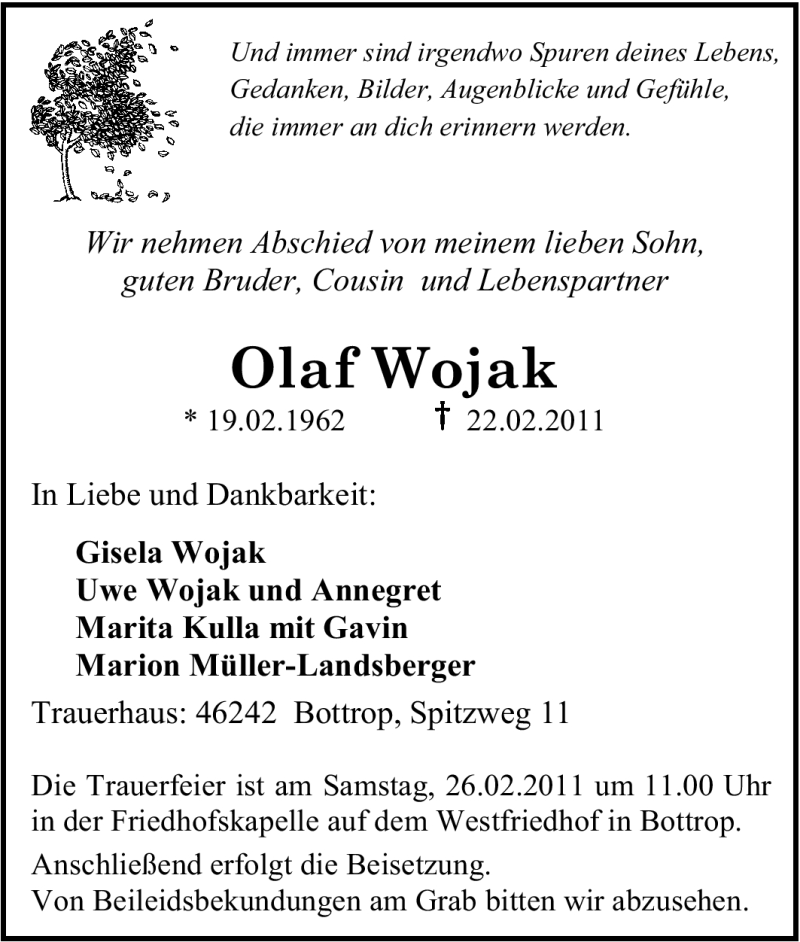  Traueranzeige für Olaf Wojak vom 24.02.2011 aus Tageszeitung