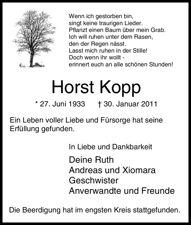 Traueranzeige für Horst Kopp vom 09.02.2011 aus Tageszeitung