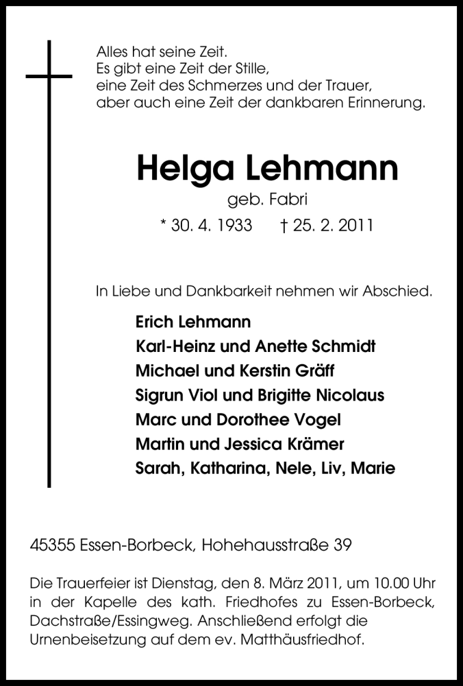 Traueranzeige für Helga Lehmann vom 02.03.2011 aus Tageszeitung