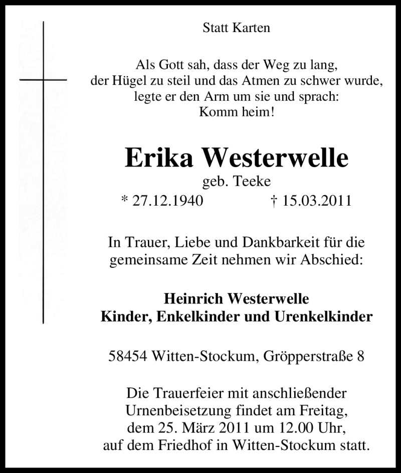  Traueranzeige für Erika Westerwelle vom 23.03.2011 aus Tageszeitung