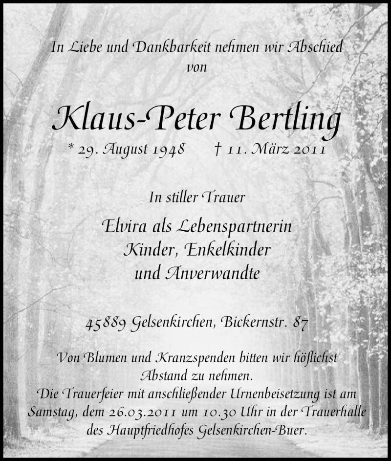  Traueranzeige für Klaus-Peter Bertling vom 24.03.2011 aus Tageszeitung