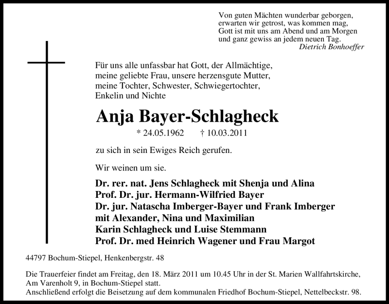  Traueranzeige für Anja Bayer-Schlagheck vom 14.03.2011 aus WESTDEUTSCHE ALLGEMEINE ZEITUNG