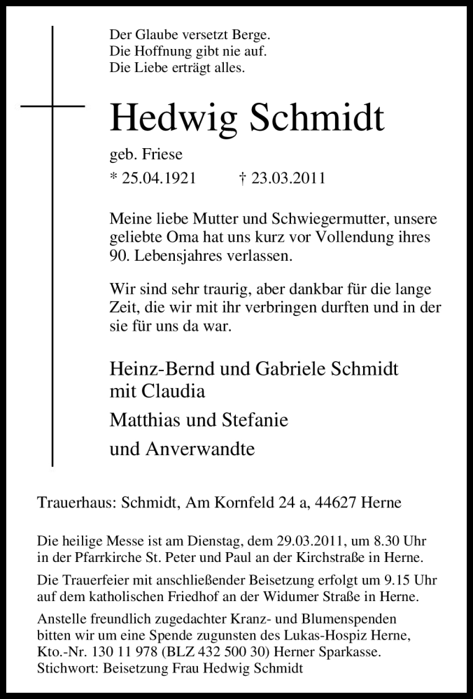  Traueranzeige für Hedwig Schmidt vom 25.03.2011 aus Tageszeitung