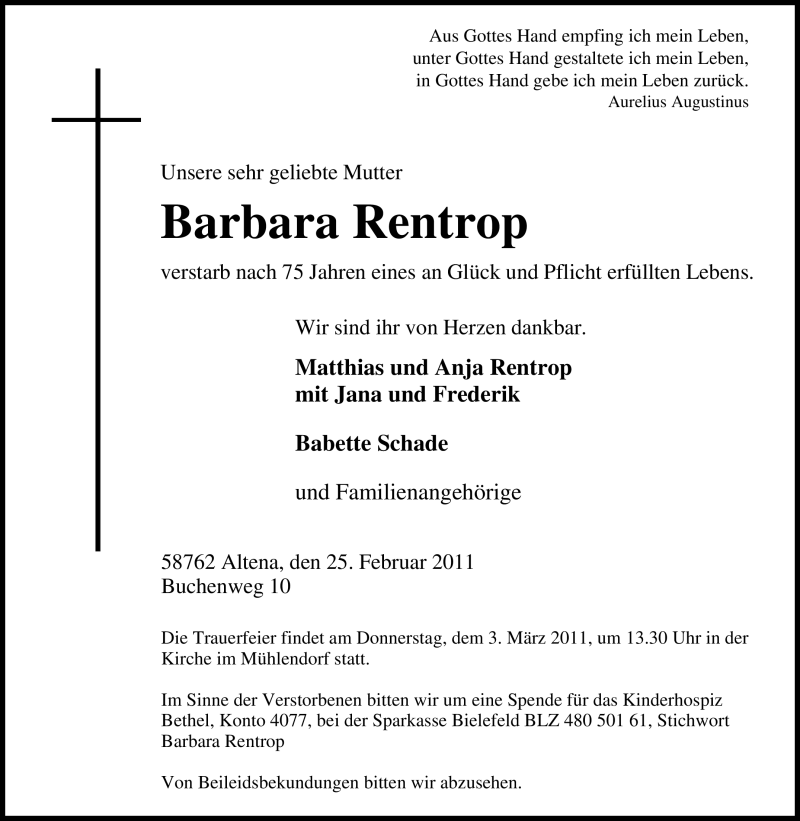  Traueranzeige für Barbara Rentrop vom 01.03.2011 aus Tageszeitung