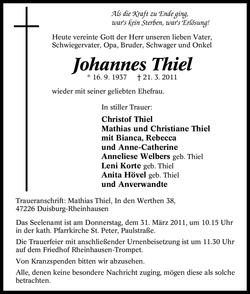  Traueranzeige für Johannes Thiel vom 26.03.2011 aus WESTDEUTSCHE ALLGEMEINE ZEITUNG