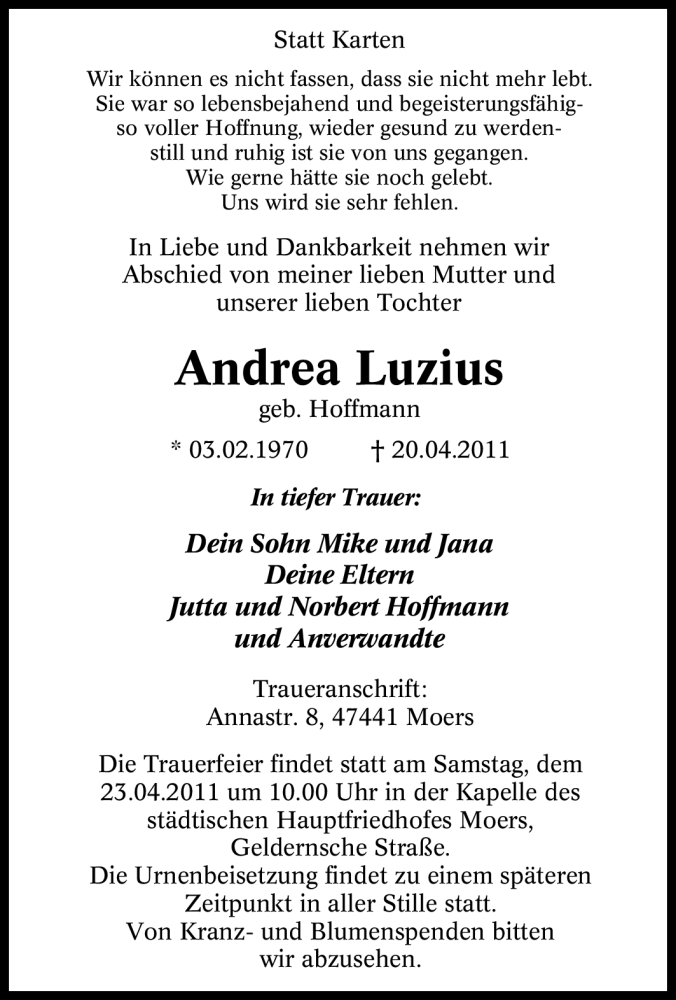  Traueranzeige für Andrea Luzius vom 21.04.2011 aus Tageszeitung