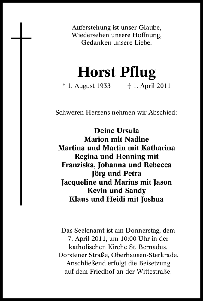  Traueranzeige für Horst Pflug vom 05.04.2011 aus Tageszeitung
