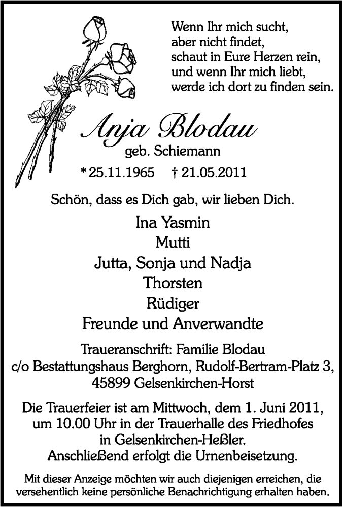  Traueranzeige für Anja Blodau vom 28.05.2011 aus WESTDEUTSCHE ALLGEMEINE ZEITUNG