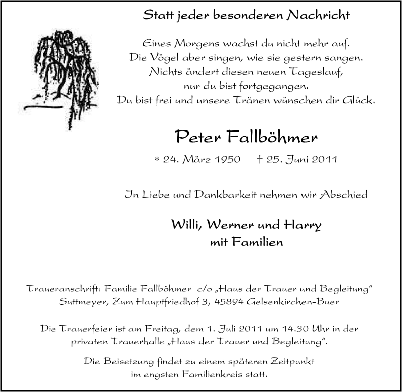  Traueranzeige für Peter Fallböhmer vom 29.06.2011 aus Tageszeitung