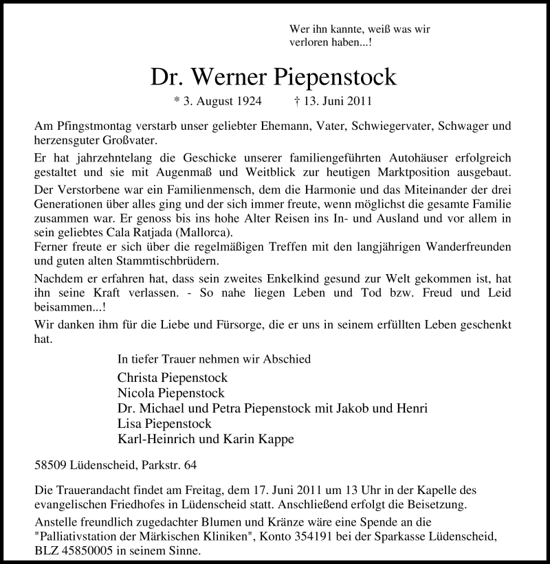  Traueranzeige für Werner Piepenstock vom 15.06.2011 aus Tageszeitung