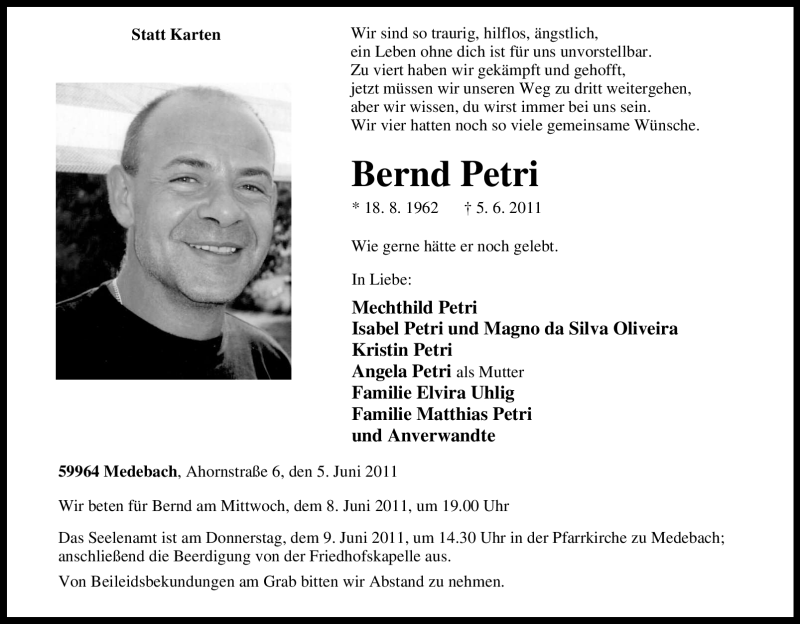  Traueranzeige für Bernd Petri vom 07.06.2011 aus Tageszeitung