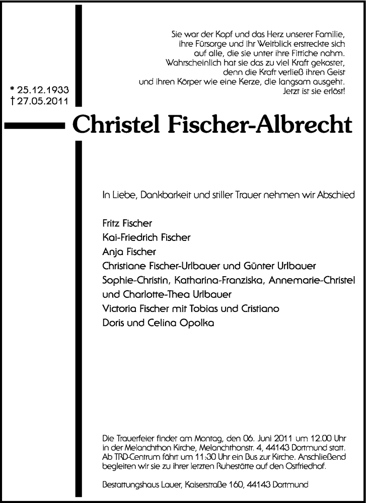  Traueranzeige für Christel Fischer-Albrecht vom 01.06.2011 aus Tageszeitung