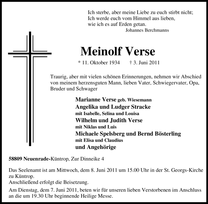  Traueranzeige für Meinolf Verse vom 06.06.2011 aus Tageszeitung