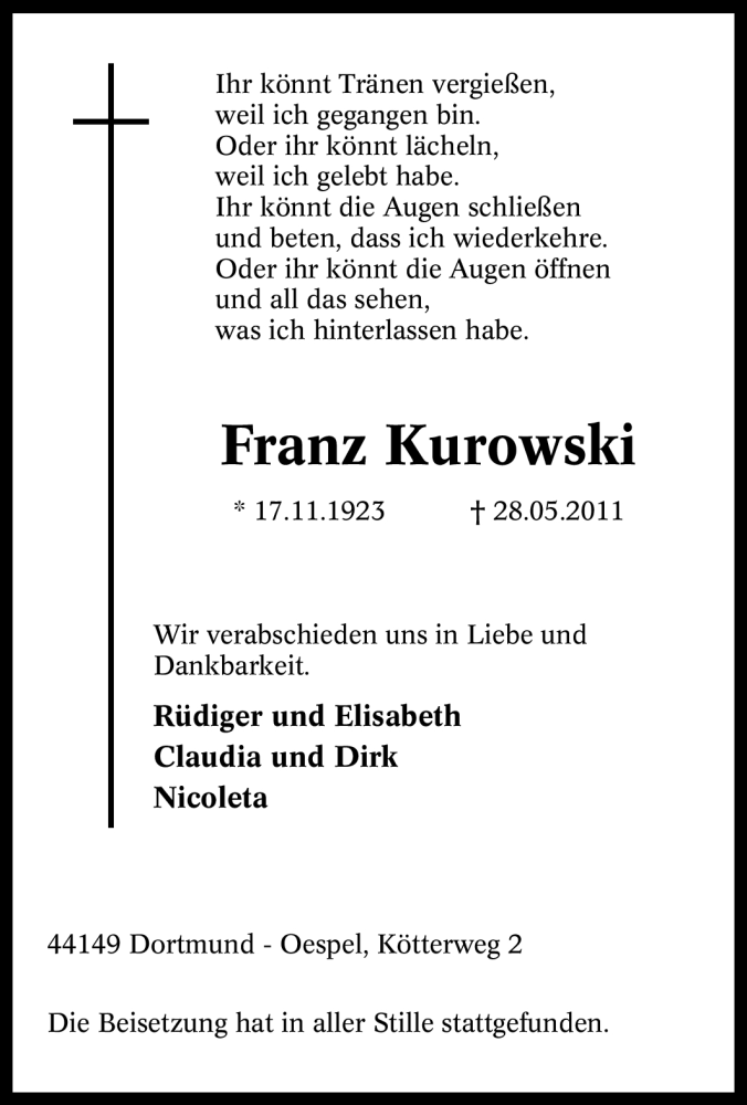  Traueranzeige für Franz Kurowski vom 08.06.2011 aus Tageszeitung