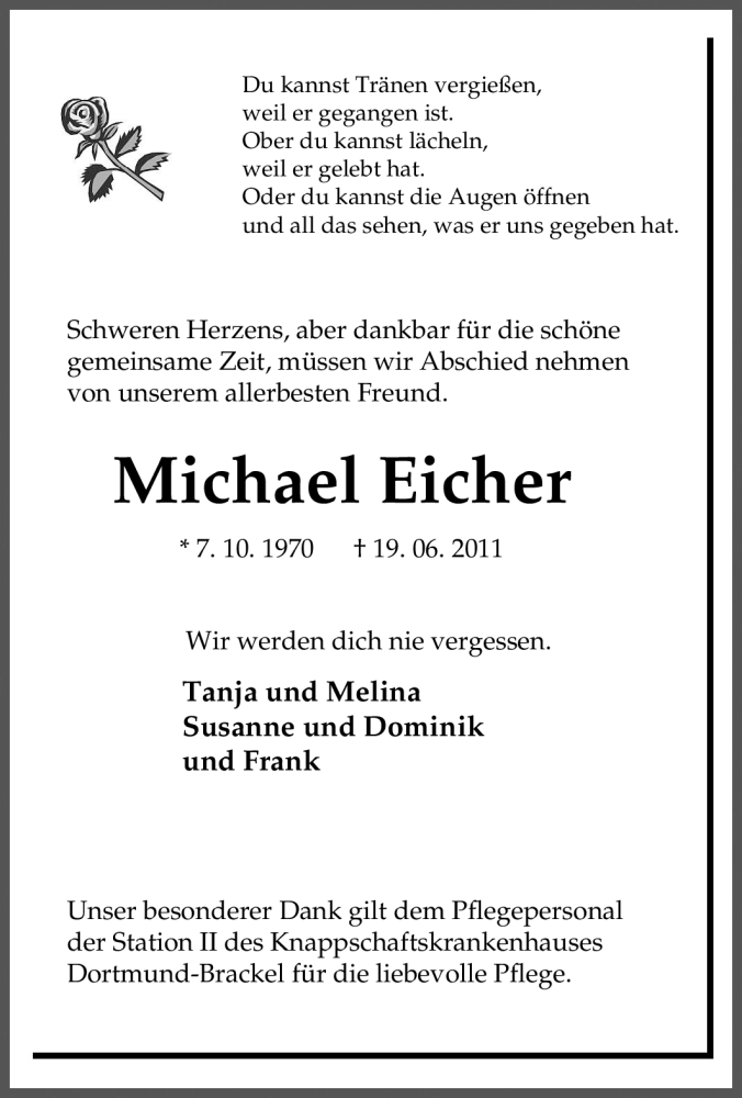 Traueranzeige für Michael Eicher vom 22.06.2011 aus Tageszeitung