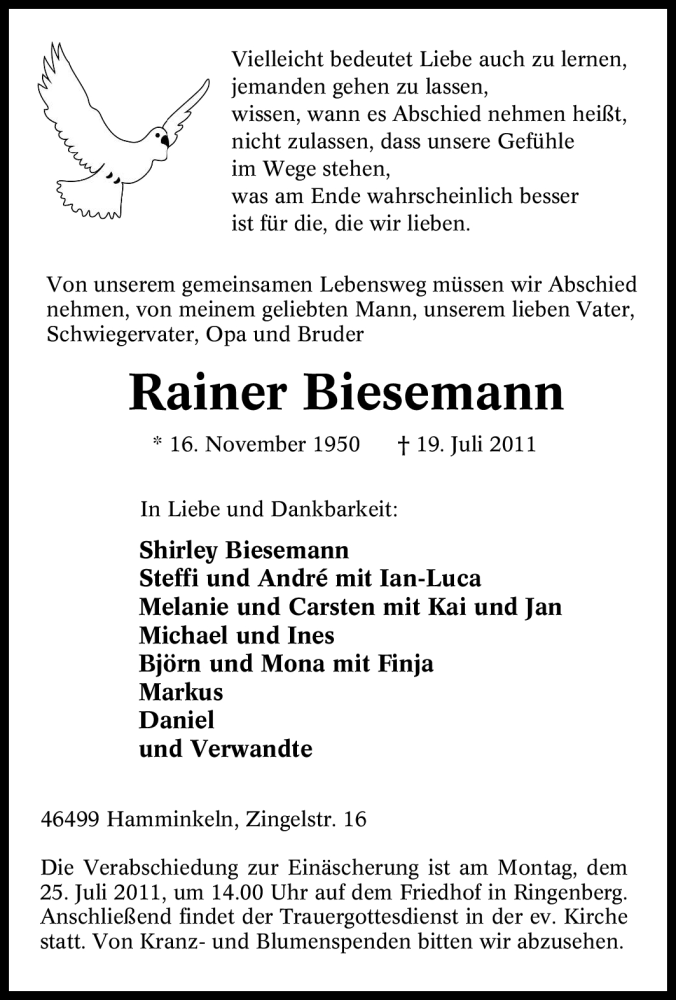  Traueranzeige für Rainer Biesemann vom 22.07.2011 aus Tageszeitung