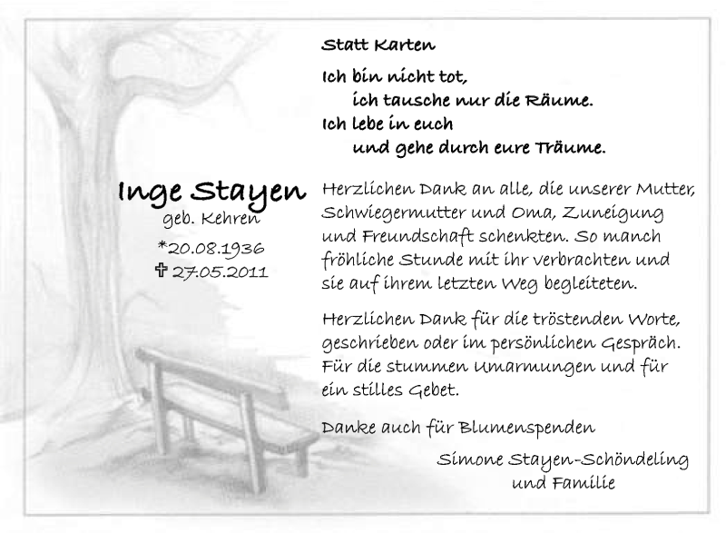  Traueranzeige für Inge Stayen vom 11.07.2011 aus WESTDEUTSCHE ALLGEMEINE ZEITUNG
