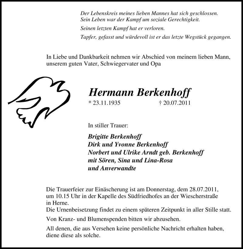  Traueranzeige für Hermann Berkenhoff vom 23.07.2011 aus Tageszeitung