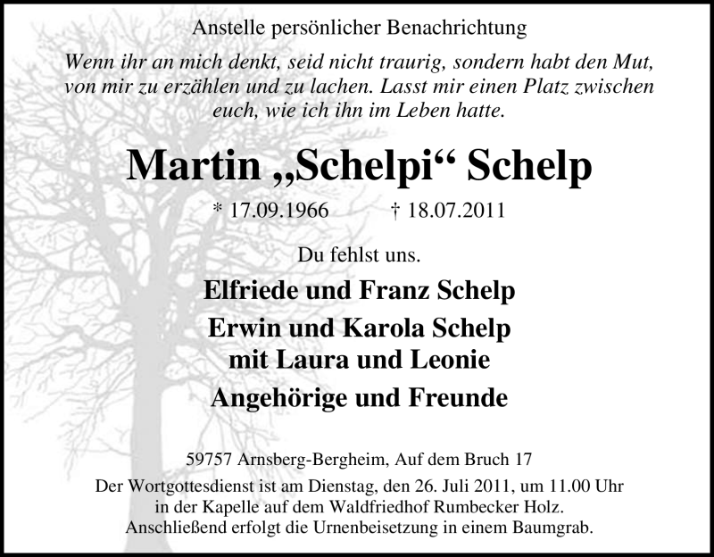  Traueranzeige für Martin Schelp vom 21.07.2011 aus Tageszeitung