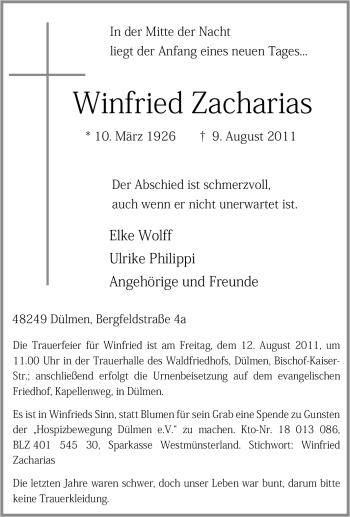 Traueranzeige von Winfried Zacharias von WESTDEUTSCHE ALLGEMEINE ZEITUNG