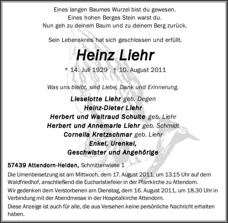  Traueranzeige für Heinz Liehr vom 13.08.2011 aus WESTDEUTSCHE ALLGEMEINE ZEITUNG