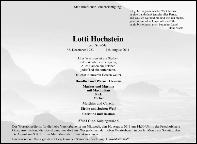  Traueranzeige für Lotti Hochstein vom 08.08.2011 aus WESTDEUTSCHE ALLGEMEINE ZEITUNG