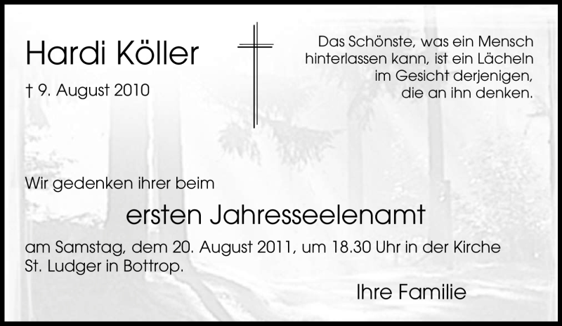  Traueranzeige für Hardi Köller vom 17.08.2011 aus WESTDEUTSCHE ALLGEMEINE ZEITUNG