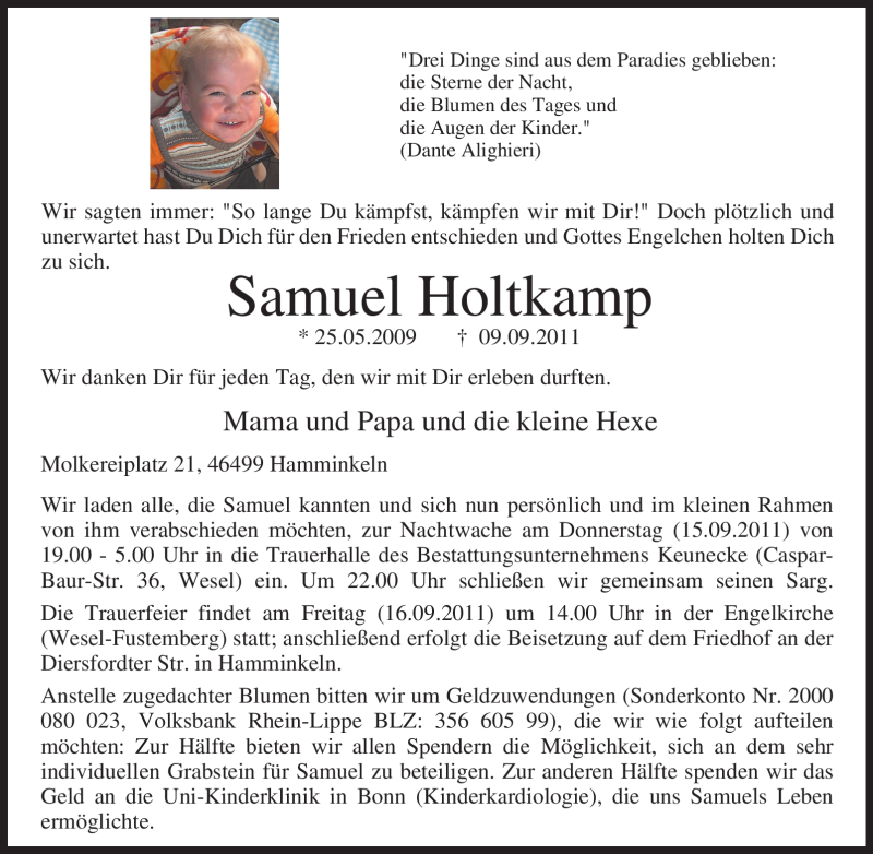  Traueranzeige für Samuel Holtkamp vom 12.09.2011 aus Tageszeitung