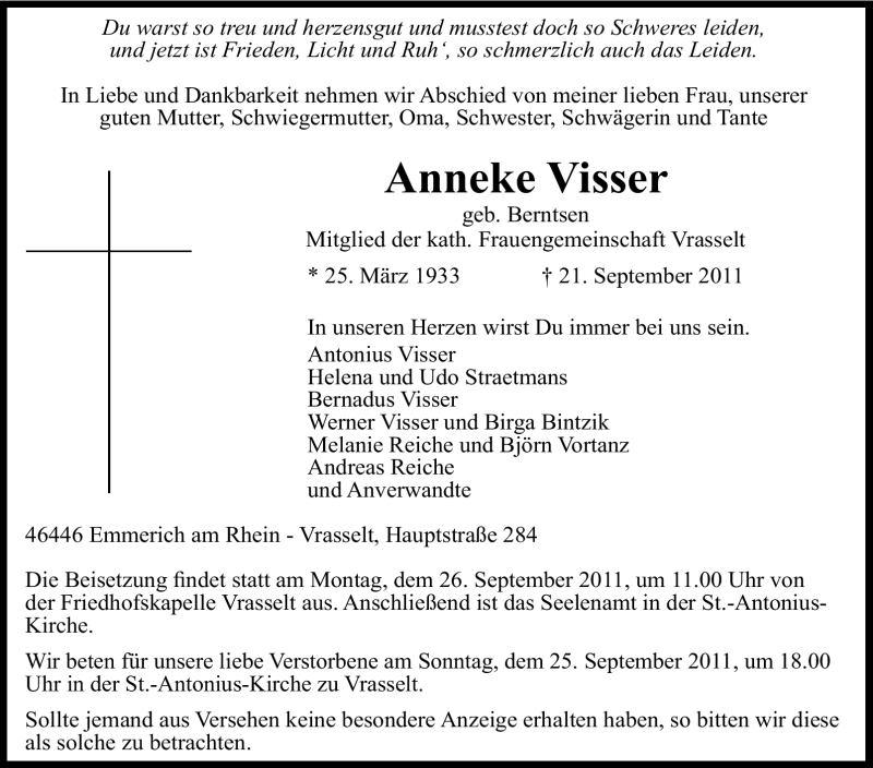  Traueranzeige für Anneke Visser vom 23.09.2011 aus Tageszeitung