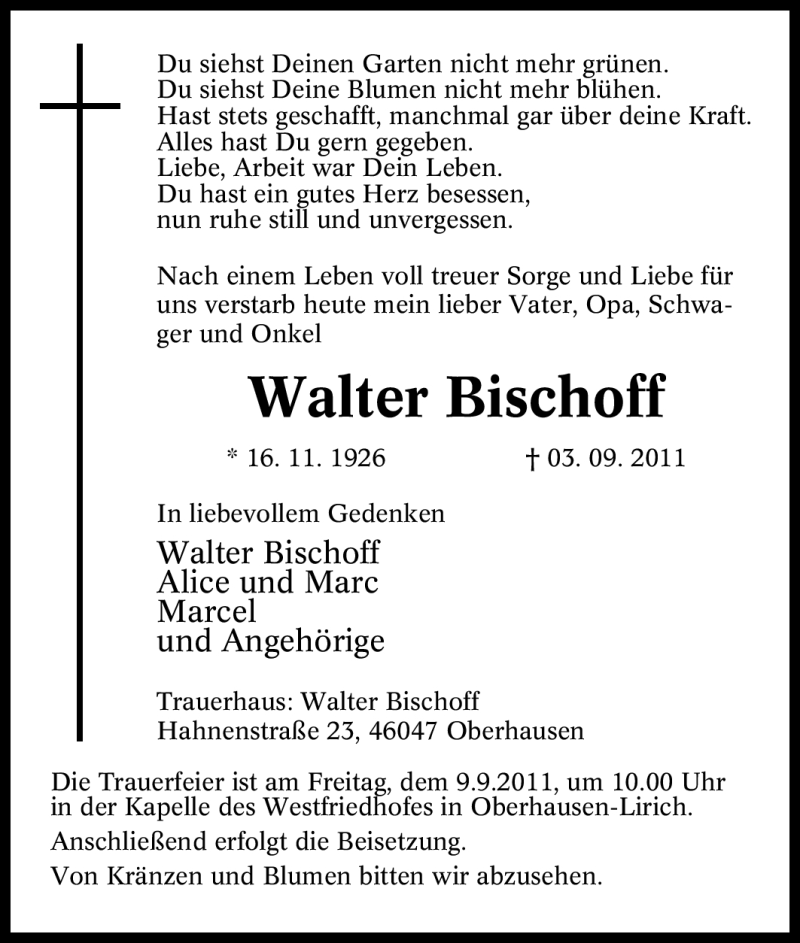  Traueranzeige für Walter Bischoff vom 06.09.2011 aus Tageszeitung