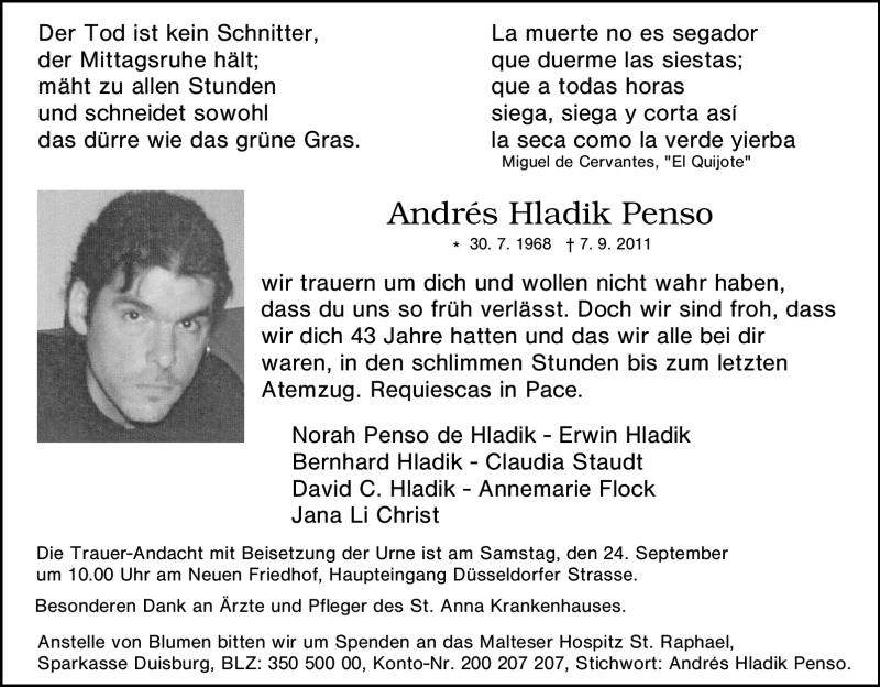  Traueranzeige für Andrés Hladik Penso vom 17.09.2011 aus Tageszeitung