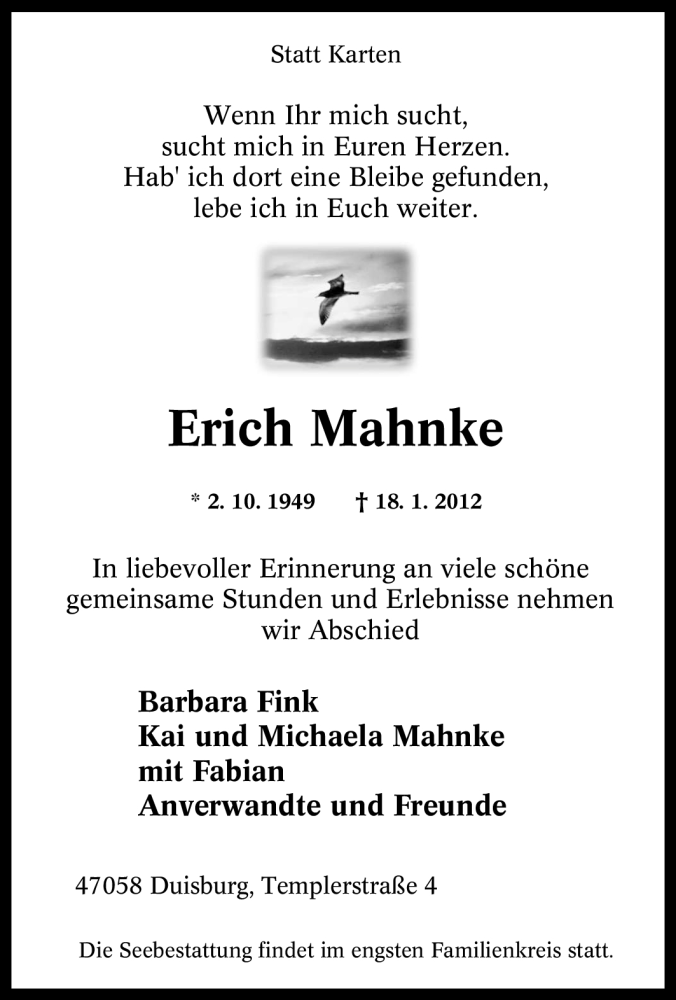  Traueranzeige für Erich Mahnke vom 25.01.2012 aus Tageszeitung