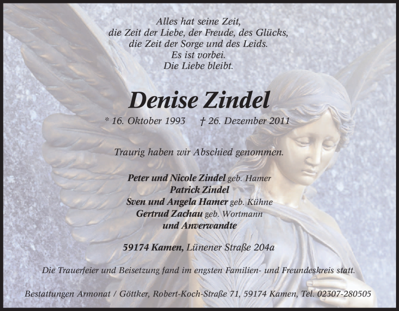  Traueranzeige für Denise Zindel vom 03.01.2012 aus Tageszeitung