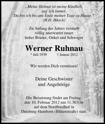Traueranzeige von Werner Ruhnau von WESTDEUTSCHE ALLGEMEINE ZEITUNG