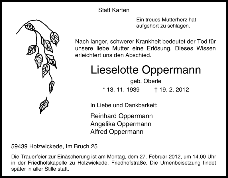  Traueranzeige für Lieselotte Oppermann vom 22.02.2012 aus Tageszeitung