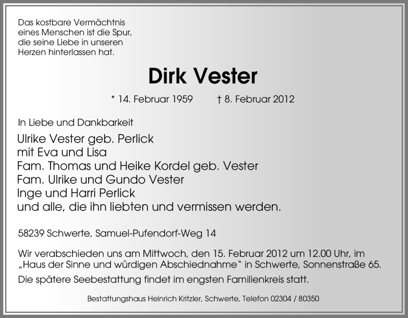  Traueranzeige für Dirk Vester vom 11.02.2012 aus Tageszeitung