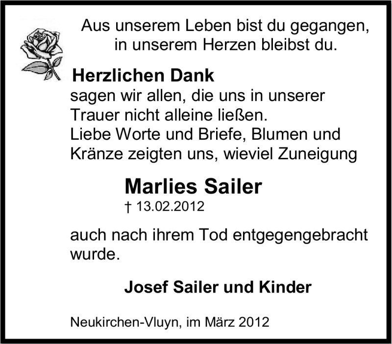  Traueranzeige für Marlies Sailer vom 10.03.2012 aus Tageszeitung