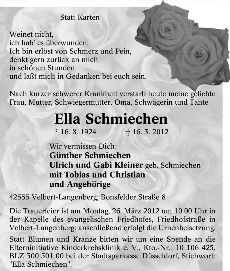  Traueranzeige für Ella Schmiechen vom 24.03.2012 aus Tageszeitung