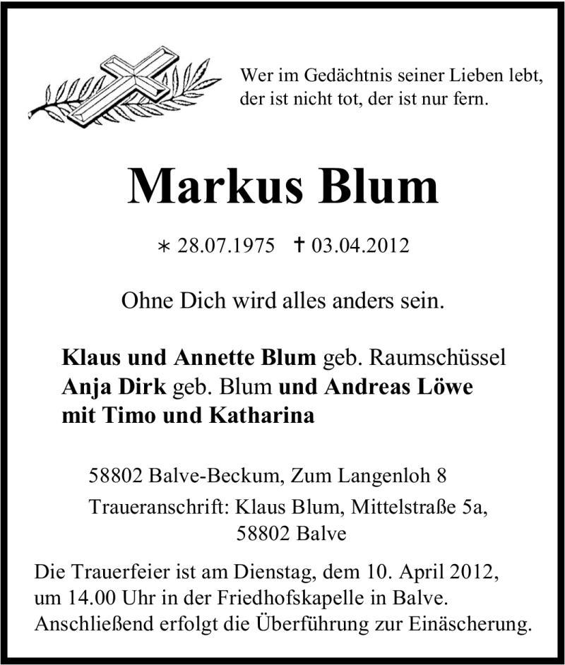  Traueranzeige für Markus Blum vom 05.04.2012 aus Tageszeitung