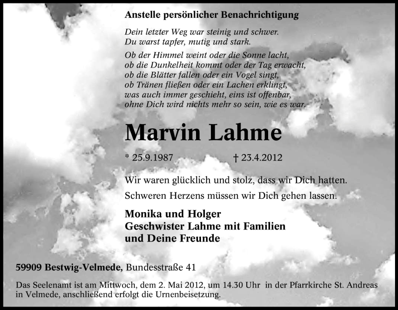  Traueranzeige für Marvin Lahme vom 27.04.2012 aus WESTDEUTSCHE ALLGEMEINE ZEITUNG