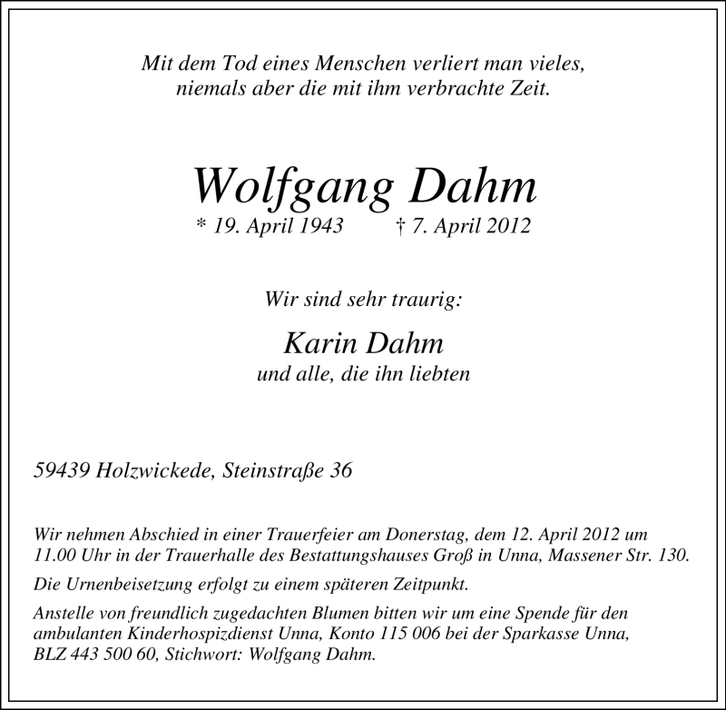  Traueranzeige für Wolfgang Dahm vom 10.04.2012 aus Tageszeitung
