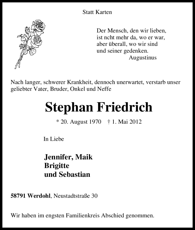  Traueranzeige für Stephan Friedrich vom 05.05.2012 aus WESTDEUTSCHE ALLGEMEINE ZEITUNG