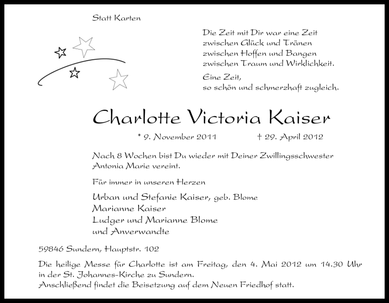  Traueranzeige für Charlotte Victoria Kaiser vom 02.05.2012 aus Tageszeitung