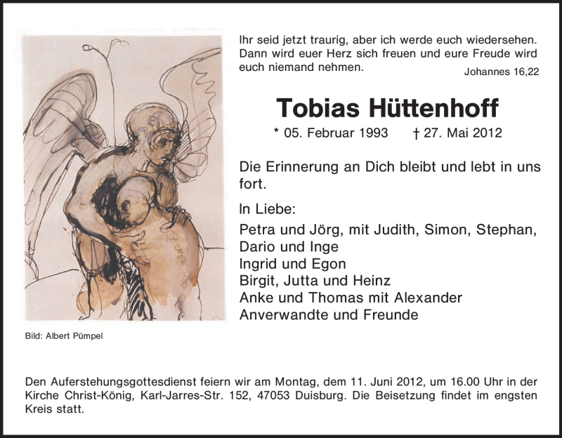  Traueranzeige für Tobias Hüttenhoff vom 07.06.2012 aus Tageszeitung
